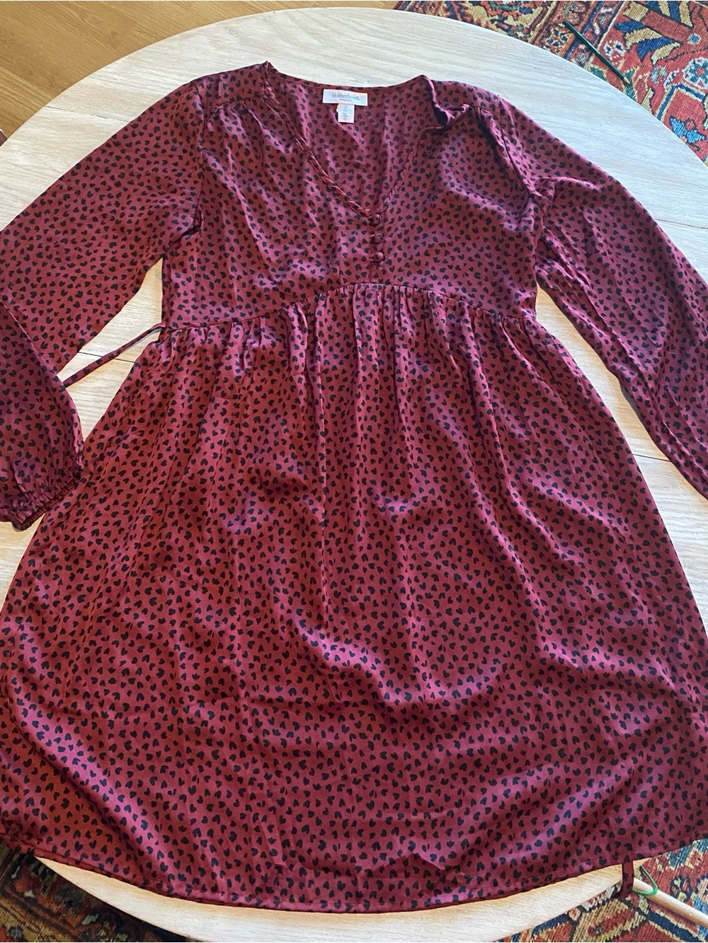 Motherhood Burgundy Long-Sleeve V-Neck Dress with Black Heart Print